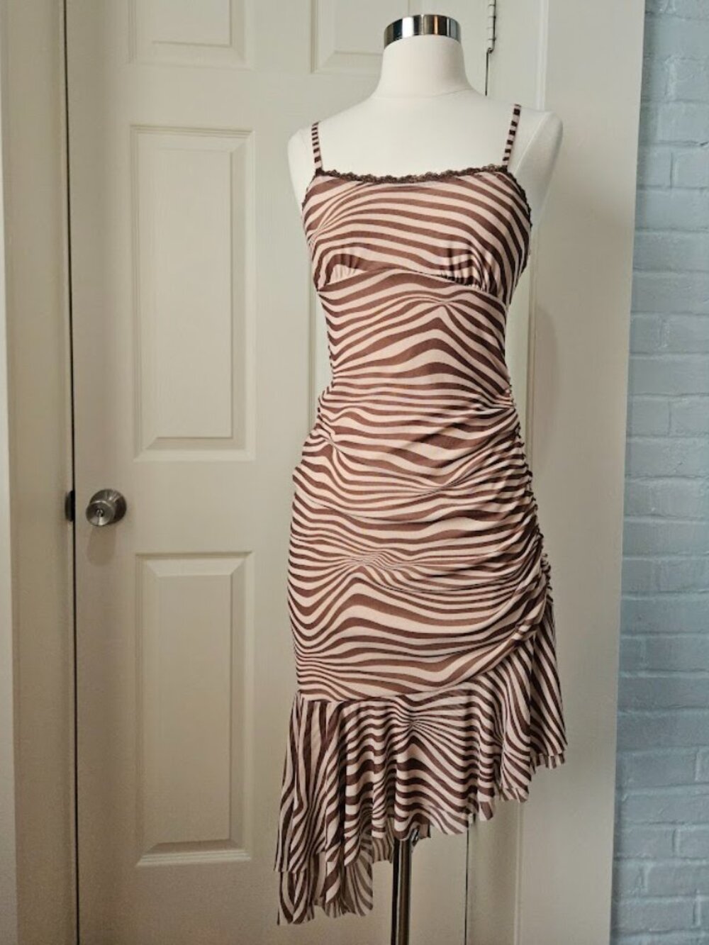 Wild Fable Brown Zebra Animal Print Asymmetrical Lace Bodycon Mini Groovy Dress